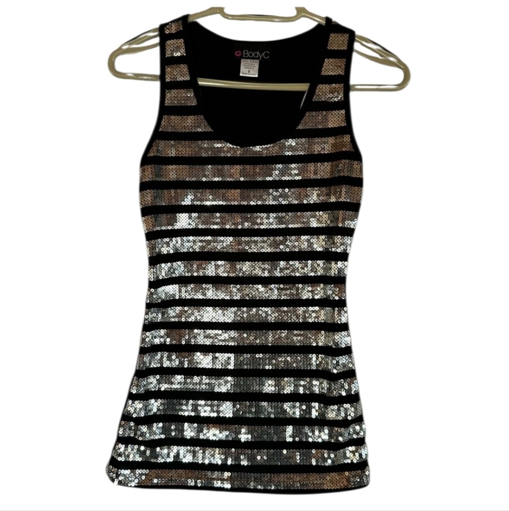 BodyC Black and Silver Glam Silver Sequin Striped Tank Top Size S